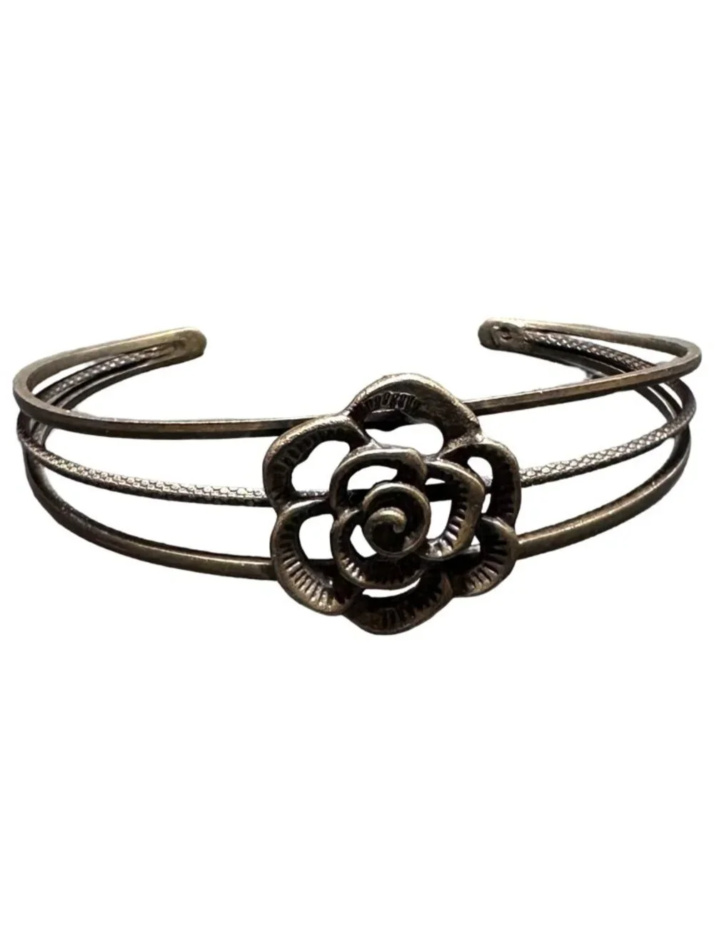 Cuff Bracelet Rose Flower Center Brass Tone Lightweight Womens Jewelry NWOT